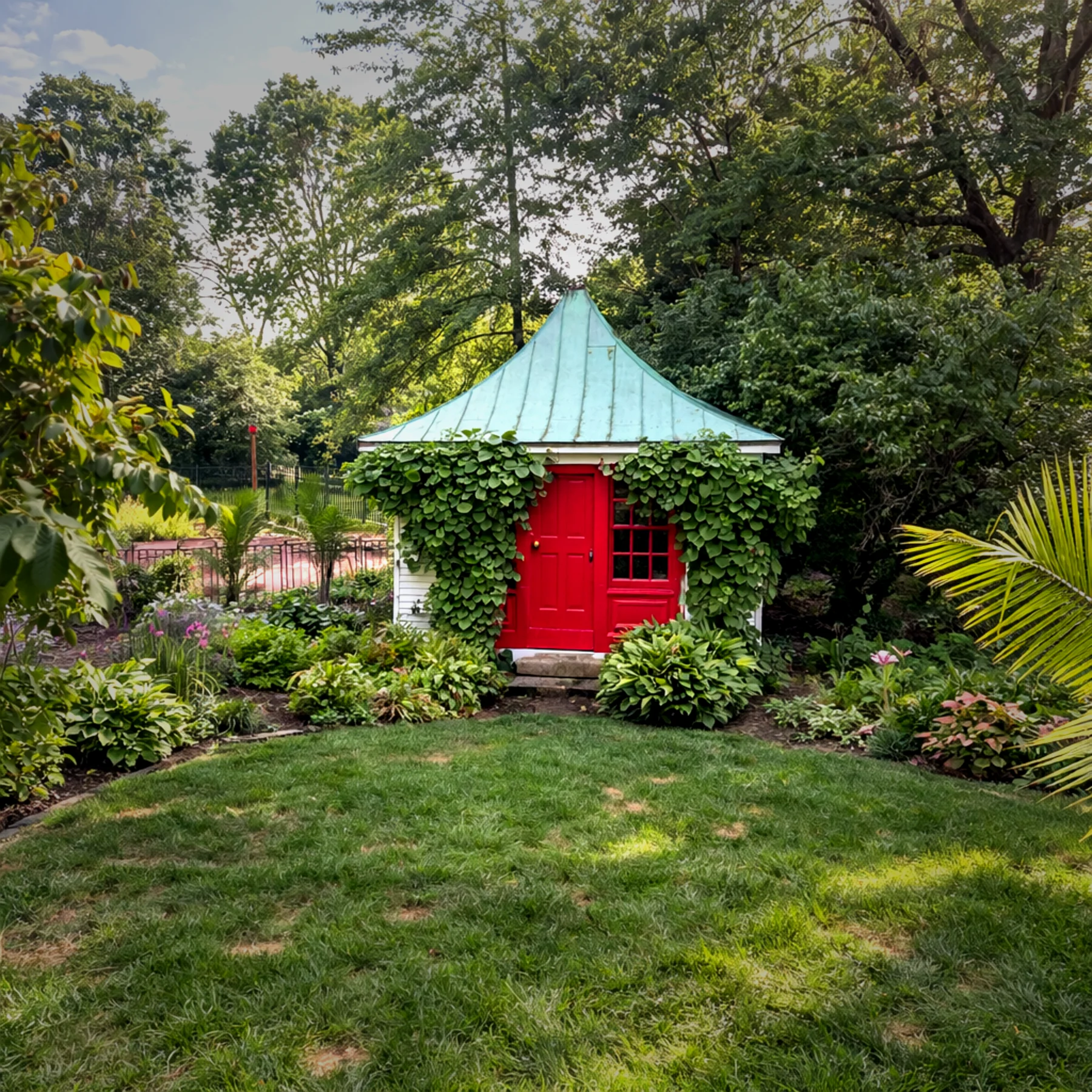Historic garden carriage house with a copper roof, red door, and climbing vines surrounded by lush landscaping.