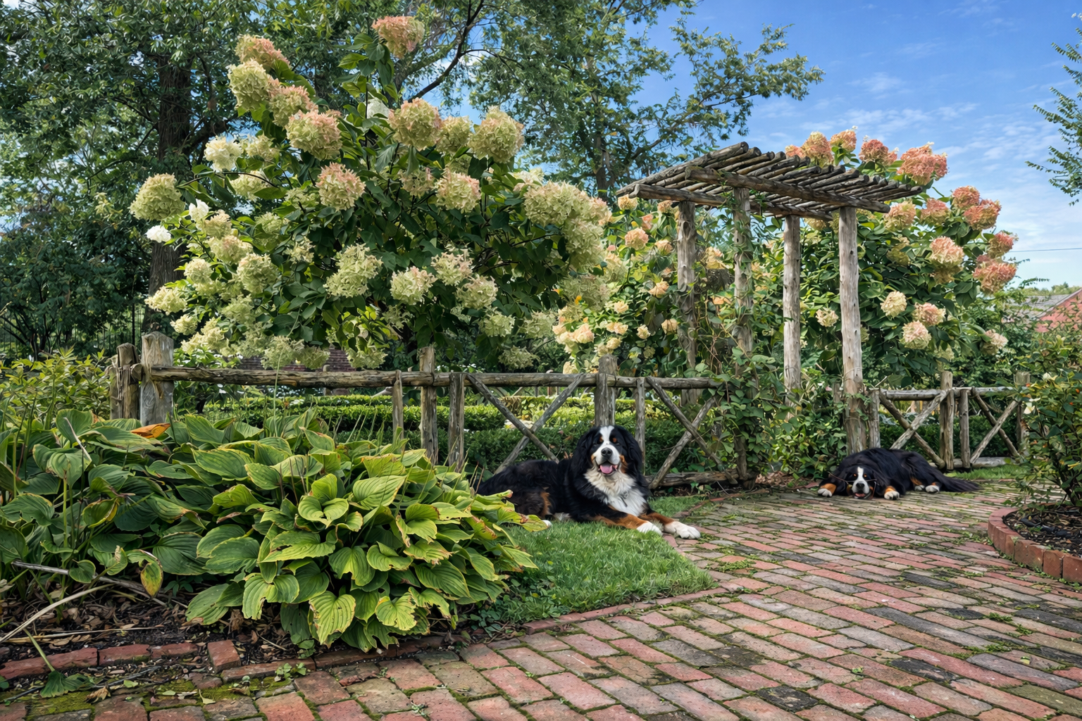 Cottage garden with blooming hydrangeas, rustic wooden pergola, brick pathway, and two Bernese Mountain Dogs relaxing in the shade.